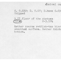 Index card with typed and handwritten information, sometimes including a sketch, of pottery from an excavation.