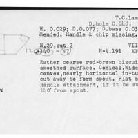 Index card with typed and handwritten information, sometimes including a sketch, of pottery from an excavation.