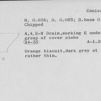 Index card with typed and handwritten information, sometimes including a sketch, of pottery from an excavation.