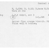 Index card with typed and handwritten information, sometimes including a sketch, of pottery from an excavation.