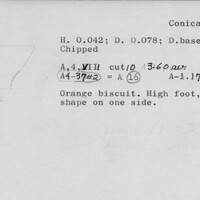 Index card with typed and handwritten information, sometimes including a sketch, of pottery from an excavation.