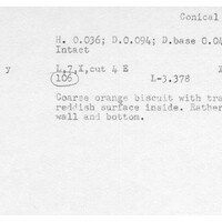 Index card with typed and handwritten information, sometimes including a sketch, of pottery from an excavation.