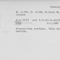 Index card with typed and handwritten information, sometimes including a sketch, of pottery from an excavation.