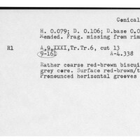 Index card with typed and handwritten information, sometimes including a sketch, of pottery from an excavation.