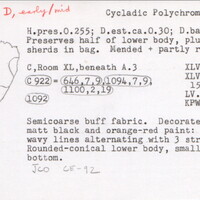 Index card with typed and handwritten information, sometimes including a sketch, of pottery from an excavation.