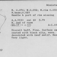 Index card with typed and handwritten information, sometimes including a sketch, of pottery from an excavation.