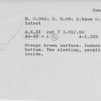 Index card with typed and handwritten information, sometimes including a sketch, of pottery from an excavation.