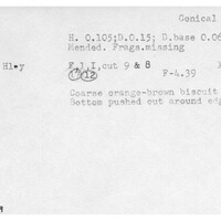 Index card with typed and handwritten information, sometimes including a sketch, of pottery from an excavation.