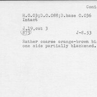 Index card with typed and handwritten information, sometimes including a sketch, of pottery from an excavation.