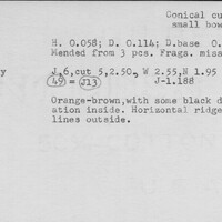 Index card with typed and handwritten information, sometimes including a sketch, of pottery from an excavation.
