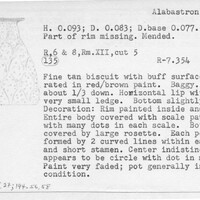 Index card with typed and handwritten information, sometimes including a sketch, of pottery from an excavation.