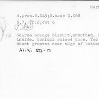 Index card with typed and handwritten information, sometimes including a sketch, of pottery from an excavation.