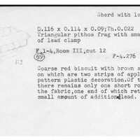 Index card with typed and handwritten information, sometimes including a sketch, of pottery from an excavation.