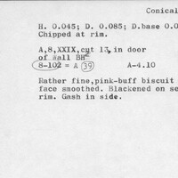 Index card with typed and handwritten information, sometimes including a sketch, of pottery from an excavation.