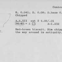 Index card with typed and handwritten information, sometimes including a sketch, of pottery from an excavation.