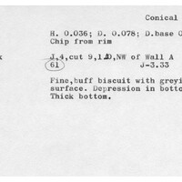 Index card with typed and handwritten information, sometimes including a sketch, of pottery from an excavation.
