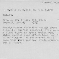 Index card with typed and handwritten information, sometimes including a sketch, of pottery from an excavation.