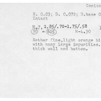Index card with typed and handwritten information, sometimes including a sketch, of pottery from an excavation.