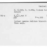 Index card with typed and handwritten information, sometimes including a sketch, of pottery from an excavation.