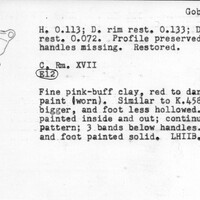 Index card with typed and handwritten information, sometimes including a sketch, of pottery from an excavation.