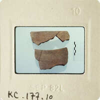 A small, broken piece of pottery on display.