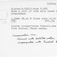 Index card with typed and handwritten information, sometimes including a sketch, of pottery from an excavation.