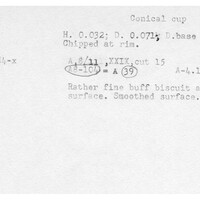 Index card with typed and handwritten information, sometimes including a sketch, of pottery from an excavation.