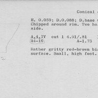 Index card with typed and handwritten information, sometimes including a sketch, of pottery from an excavation.