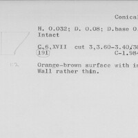 Index card with typed and handwritten information, sometimes including a sketch, of pottery from an excavation.