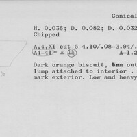 Index card with typed and handwritten information, sometimes including a sketch, of pottery from an excavation.