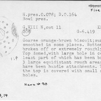 Index card with typed and handwritten information, sometimes including a sketch, of pottery from an excavation.