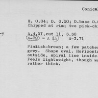 Index card with typed and handwritten information, sometimes including a sketch, of pottery from an excavation.