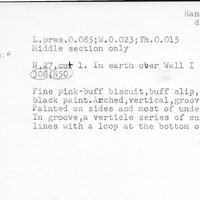 Index card with typed and handwritten information, sometimes including a sketch, of pottery from an excavation.