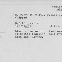 Index card with typed and handwritten information, sometimes including a sketch, of pottery from an excavation.