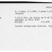 Index card with typed and handwritten information, sometimes including a sketch, of pottery from an excavation.