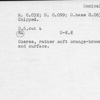 Index card with typed and handwritten information, sometimes including a sketch, of pottery from an excavation.