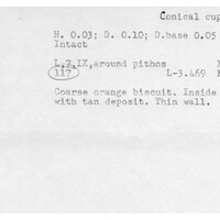 Index card with typed and handwritten information, sometimes including a sketch, of pottery from an excavation.