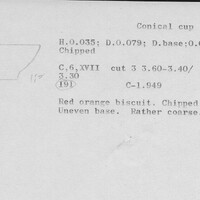 Index card with typed and handwritten information, sometimes including a sketch, of pottery from an excavation.