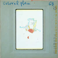 Photo of slide of site plan with various areas colorized.