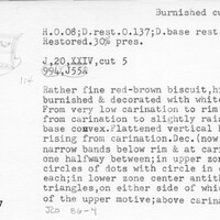Index card with typed and handwritten information, sometimes including a sketch, of pottery from an excavation.