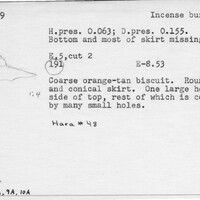 Index card with typed and handwritten information, sometimes including a sketch, of pottery from an excavation.