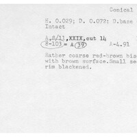 Index card with typed and handwritten information, sometimes including a sketch, of pottery from an excavation.