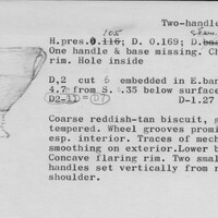 Index card with typed and handwritten information, sometimes including a sketch, of pottery from an excavation.