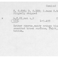 Index card with typed and handwritten information, sometimes including a sketch, of pottery from an excavation.