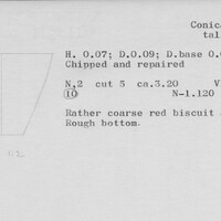 Index card with typed and handwritten information, sometimes including a sketch, of pottery from an excavation.