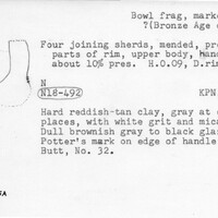 Index card with typed and handwritten information, sometimes including a sketch, of pottery from an excavation.