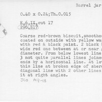 Index card with typed and handwritten information, sometimes including a sketch, of pottery from an excavation.