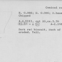 Index card with typed and handwritten information, sometimes including a sketch, of pottery from an excavation.