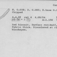 Index card with typed and handwritten information, sometimes including a sketch, of pottery from an excavation.