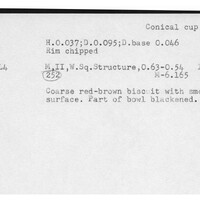 Index card with typed and handwritten information, sometimes including a sketch, of pottery from an excavation.